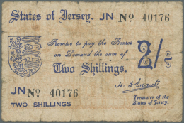 Jersey: 2 Shillings ND(1941-42) P. 4a, Stronger Used, Strong Center And Vertical Fold, Paper Softness, Small Holes In Pa - Altri & Non Classificati