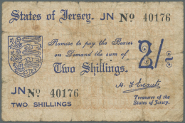 Jersey: 2 Shillings ND(1941-42) P. 4a, Stronger Used, Strong Center And Vertical Fold, Paper Softness, Small Holes In Pa - Other & Unclassified
