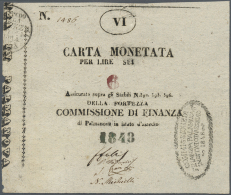 Italy / Italien: 6 Lire 1843 Commissione Di Finanza, Palmanova P. S249, Light Center Fold, Minor Splits At Left Boerder, - Altri & Non Classificati