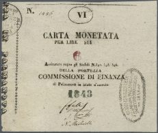 Italy / Italien: 6 Lire 1843 Commissione Di Finanza, Palmanova P. S249, Light Center Fold, Minor Splits At Left Boerder, - Autres & Non Classés