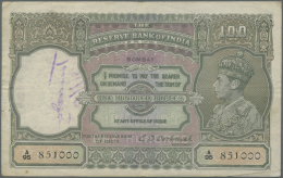India / Indien: 100 Rupees ND P. 20b, Sign. Deshmukh, Issue For BOMBAY, Portrait KG VI, Used With Several Folds And Crea - India