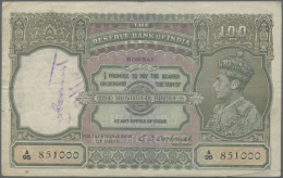 India / Indien: 100 Rupees ND P. 20b, Sign. Deshmukh, Issue For BOMBAY, Portrait KG VI, Used With Several Folds And Crea - Indien