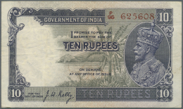 India / Indien: 10 Rupees ND P. 16b, Sign. Kelly, Portrait KG V, Vertical Folds And Creases In Paper, 2 Usual Pinholes A - India