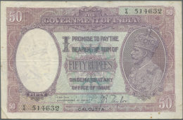 India / Indien: 50 Rupees ND(1930) P. 9d, Sign Taylor, Issue For CALCUTTA, Used With Folds And Creases, A Few Pinholes A - India