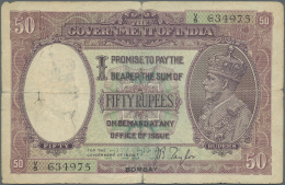 India / Indien: 50 Rupees ND(1930) P. 9b, Sign Taylor, Issue For BOMBAY, Strong Horizontal And Center Fold, Center Hole, - India