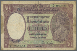 India / Indien: 50 Rupees ND(1930) LAHORE, Sign. Taylor, P. 9, Used With Very Strong Folds, Stained Paper, Holes, And Fi - India