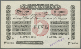 India / Indien: Very Rare Specimen Of 5 Rupees 8.4.1915 Government Of India P. A5s, With Zero Serial Numbers And Specime - India