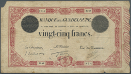 Guadeloupe: 25 Francs ND(1920-44) P. 8, Rare Note, Used With Folds And Many Creases, Corner Missing At Upper Left, No Ho - Altri – America