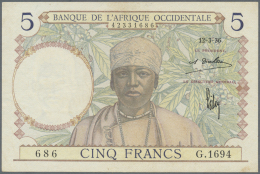 French West Africa / Französisch Westafrika: 5 Francs Banque De L'Afrique Occidentale March 12th 1936, P.21, Slight - West African States