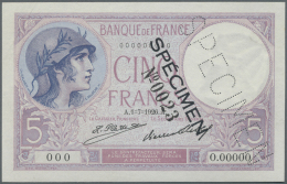 France / Frankreich: 5 Francs 1926 Specimen P. 72Ds, With Specimen Perforation, Black Specimen Overprint, Zero Serial Nu - 1955-1959 Sovraccarichi In Nuovi Franchi