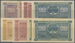 Finland / Finnland: Set Of 8 Notes Containing 20 Markkaa 1939 "Litt. D" P. 71 (F), 5 Markkaa 1945 "Litt. A" P. 76 (UNC), - Finlandia