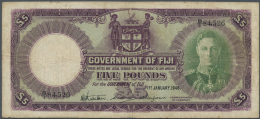 Fiji: 5 Pounds 1946, P.41c With Several Folds And Stained Paper, Obviously Washed. Condition: F - Figi