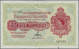 Falkland Islands / Falkland Inseln: 5 Pounds 1975 P. 9b, Portrait QEII, Vertical And Horizontal Fold, Creases In Paper, - Isole Falkland