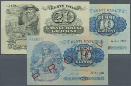 Estonia / Estland: Set Of 3 Notes Containing 10 Krooni PROOV Serial #0012345 6789000, Red PROOV Overprint P. 63s (aUNC), - Estonia