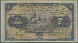 Egypt / Ägypten: Egypt: 50 Pounds 1945 P. 15d, Used With Stained But Still Strong Paper, Horizontal And Vertical Fo - Egitto