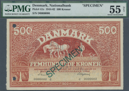 Denmark  / Dänemark: 500 Kroner 1944 SPECIMEN, P.41s With Cancellation Holes At Left, Serial Number D0000000 And Gr - Danemark