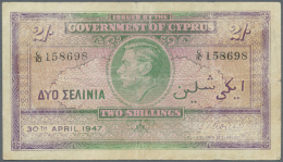 Cyprus / Zypern: 2 Shillings 1947 P. 21, Tiny Center Hole, A Bit Discolored On Both Sides, Condition: VG To F. - Chypre