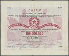 Croatia / Kroatien: 100.000.000 Lira 1943 P. S133, Used With Folds, Minor Center Hole, No Tears, Condition: F To F+. - Croazia