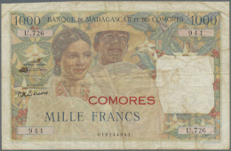 Comoros / Komoren: 1000 Francs ND(1960) P. 5b, Provisional Issue With Red Overprint COMOROS On 1000 Francs Madagascar P. - Comore