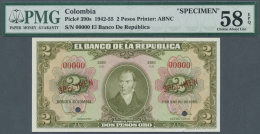 Colombia / Kolumbien: 2 Pesos ND(1942-55) Specimen P. 390s, Condition: PMG Graded 58 About UNC EPQ. - Kolumbien