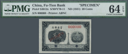 China: Fu-Tien Bank 20 Cents ND(1921) Specimen P. S3012s, Condition: PMG Graded 64 Choice UNC EPQ. - Cina