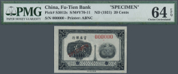 China: Fu-Tien Bank 20 Cents ND(1921) Specimen P. S3012s, Condition: PMG Graded 64 Choice UNC EPQ. - China