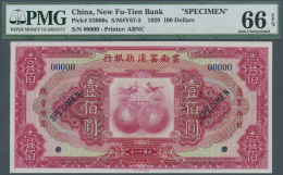 China: New Fu-Tien Bank 100 Dollars 1929 Specimen P. S3000s, Condition: PMG Graded 66 GEM UNC EPQ. - Cina