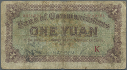 China: Bank Of Communications 1 Yuan 1919 Ovpt. Harbin P. 125a, Stronger Used With Folds And Stained Paper, Center Hole, - Chine