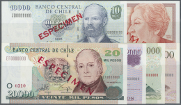 Chile: Set Of 6 Specimen Notes Containing 500 Pesos 1999, 1000 Pesos 1999, 5000 Pesos 1993, 10.000 Pesos 1998, 2000 Peso - Cile