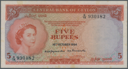 Ceylon: 5 Rupees 1954 Portrait QEII P. 54, Exceptional Condition, Never Folded, Not Washed Or Pressed, Only Some Very Li - Sri Lanka