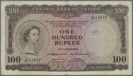 Ceylon: 100 Rupees 1954 QEII P. 53, Used With Stronger Center And Horizontal Fold, Small Ink Writing At Upper Border On - Sri Lanka