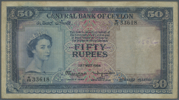 Ceylon: 50 Rupees 1954 Portrait QEII P. 52, Used With Several Folds And Creases, Stained Paper, No Holes Or Tears, Paper - Sri Lanka