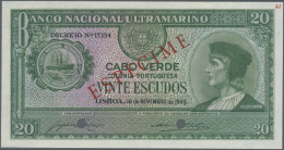 Cape Verde / Kap Verde: 20 Escudos 1945 Specimen P. 43s, 2 Cancellation Holes, Especime Overprint, No Serial Numbers And - Capo Verde