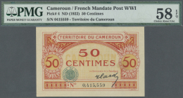 Cameroon / Kamerun: 50 Centimes ND(1922) P. 4, Rare Note Especially In This Condition: PMG Graded 58 Choice About UNC EP - Camerun