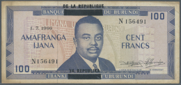 Burundi: 100 Francs 1966 P. 17, With Black Overprint, One Light Center Fold, Handling And Light Stain In Paper, Especial - Burundi