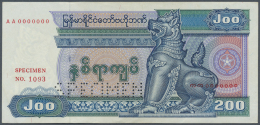 Burma / Myanmar / Birma: 200 Kyats ND Specimen P. 75s, Zero Serial Numbers, Specimen Perforation, Corner Fold, Light Han - Myanmar