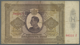 Bulgaria / Bulgarien: 20 Leva ND(1928) With Single Serial # Suffix Letter, P.49Aa In Well Worn Conditionwith Many Folds - Bulgaria
