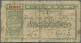 British North Borneo: 50 Cents 1938 P. 27, Stronger Used With Stains And Folds, Softness And Several Small Holes In Pape - Other - Africa