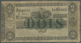 Brazil / Brasilien: 2 Mil Reis ND(1843-60) P. A220, Used With Many Folds And Creases, Stained Paper, Small Center Hole, - Brésil