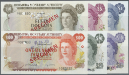 Bermuda: Set Of 6 SPECIMEN Banknotes Containing 1, 5, 10, 20, 50 And 100 Dollars 1978/1982/1984 P. 28s-33s All With Regu - Bermude