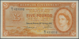 Bermuda: 5 Pounds 1952 P. 21a, Very Light Vertical And Horizontal Fold, Very Crisp Original Paper And Bright Colors, No - Bermudes