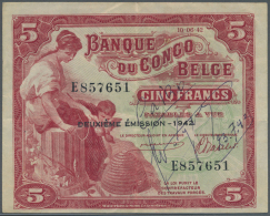 Belgian Congo / Belgisch Kongo: 5 Francs 1942 P. 13, Used With Light Folds And Creases In Paper, Pen Writing At Right On - Unclassified