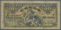 Belgian Congo / Belgisch Kongo: Rare Note 10 Francs 1896 P. 1b, 2 Cancellation Holes, Used With Several Folds And Stain - Unclassified