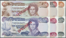 Bahamas: Set Of 6 Specimen Banknotes Containing 1/2, 3, 5, 20, 50 And 100 Dollars ND(1986) Speicmen P. 42s,44s,45s,47s-4 - Bahamas