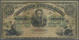 Argentina / Argentinien: Provincia De Buenos Ayres 20 Pesos L.1869 P. S487, Minor Center Hole, Several Folds, Stained Pa - Argentina