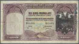 Albania / Albanien: 100 Franka Ari ND(1939), P.5, Highly Rare Note In Well Worn Condition With Repaired And Taped Part A - Albania