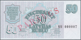 Latvia /Lettland: 50 Rublu 1992 SPECIMEN P. 40s, Series "SS", Serial 000007, Sign. Repse, Ovpt. Paraugs, Official Specim - Latvia