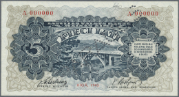 Latvia /Lettland: 5 Lati 1940 SPECIMEN P. 34as, Latvian Govenment Exchange Note, Series A, Zero Serial Numbers, Sign. Ka - Lettonie