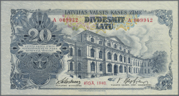 Latvia /Lettland: Rare Banknote 20 Latu 1940 P. 33, Issued Note, Series A, Sign. Karlsons, In Crisp Original Condition: - Latvia