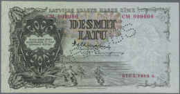 Latvia /Lettland: 10 Latu 1939 SPECIMEN P. 29ds, Series CM, Sign. Valdmanis, Perforated PARAUGS, Zero Serial Numbers, In - Lettonie